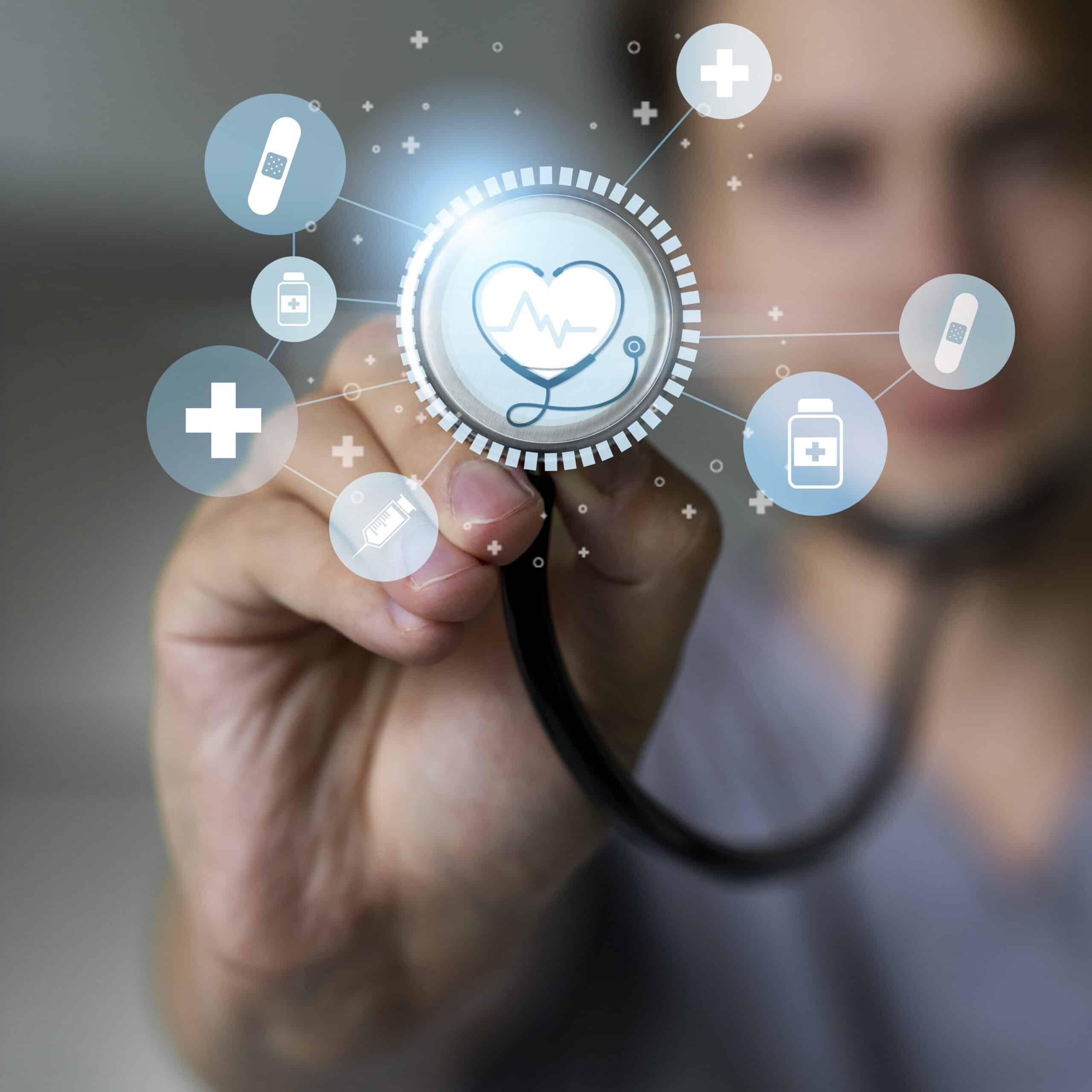 NYCOSH - A person holds a stethoscope toward the camera with medical icons and digital graphics overlaying the image, representing healthcare and technology.