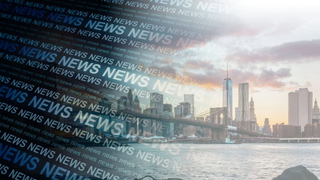 NYCOSH - The word "NEWS" is repeatedly overlaid on a cityscape featuring the Brooklyn Bridge and the skyline of lower Manhattan at sunset.