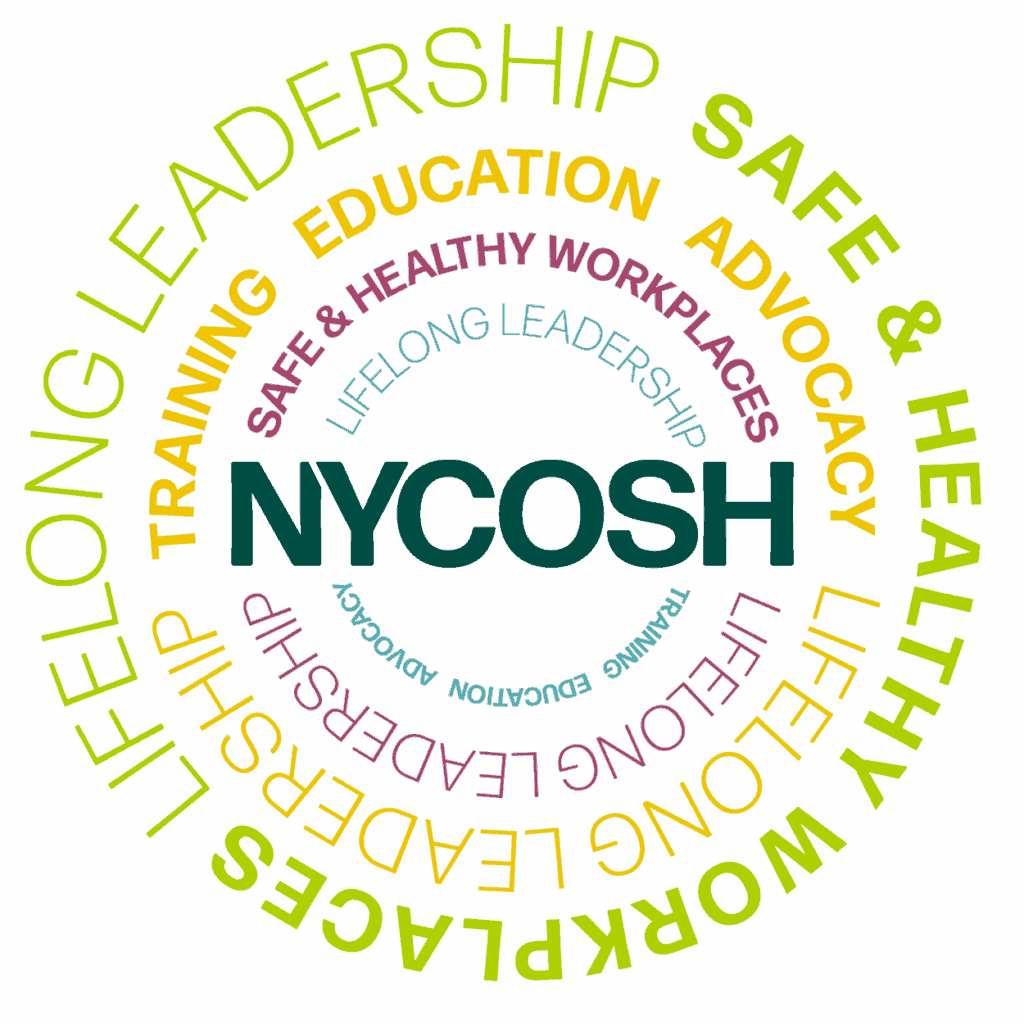 NYCOSH - Circular word cloud with "NYCOSH" in the center, surrounded by words like "leadership," "workplaces," "training," "advocacy," and "safe & healthy.
