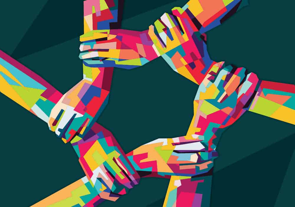 NYCOSH - Six colorful, stylized hands grasp each other's wrists, forming a connected circle against a dark green background, symbolizing unity and teamwork.