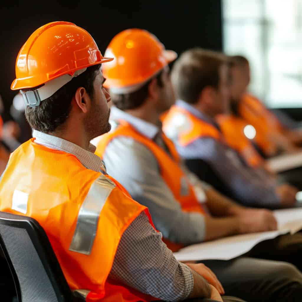 NYCOSH - A group of workers wearing orange safety vests and hard hats sit in chairs, facing forward and listening, with documents in their hands.