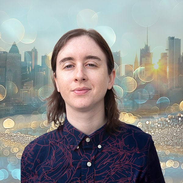 NYCOSH - A person with shoulder-length brown hair and a patterned shirt stands in front of a city skyline with bokeh light effects and a sunrise in the background.