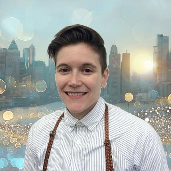 NYCOSH - Person with short brown hair wearing a striped button-up shirt and suspenders, standing in front of a city skyline with bokeh light effects.