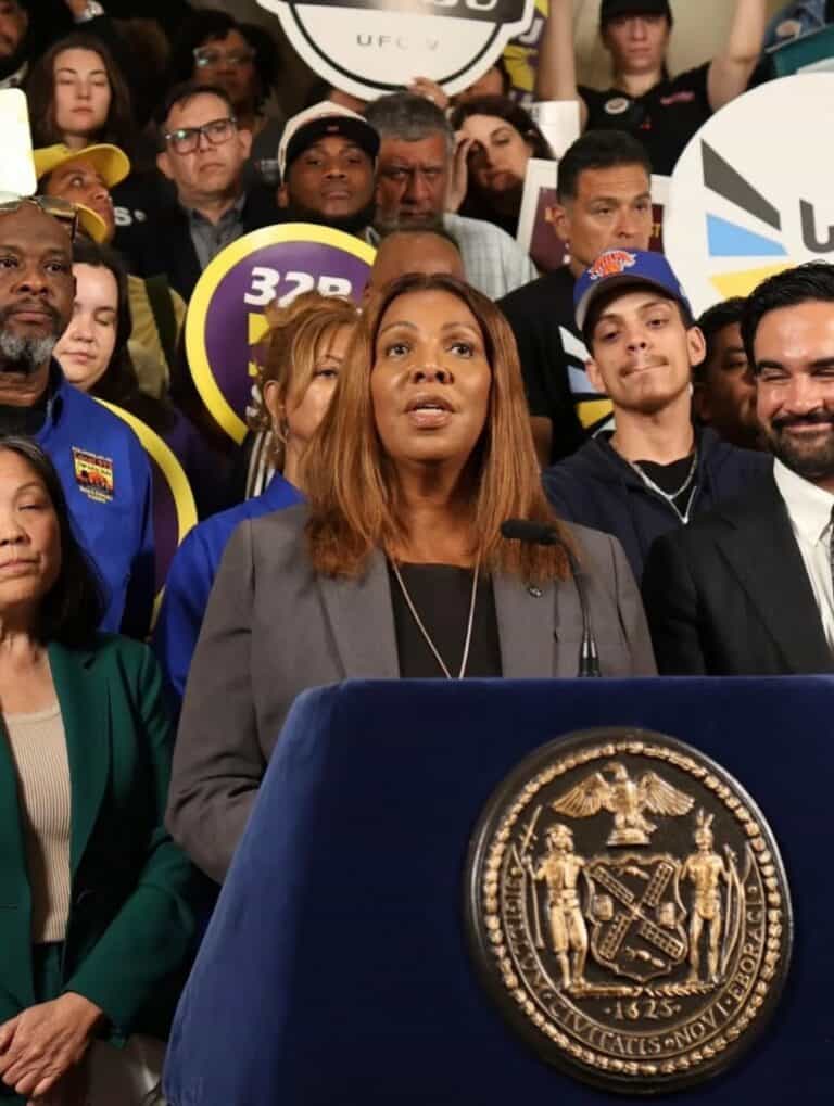 NYCOSH - A woman speaks at a podium with the New York City seal, surrounded by a diverse group of people holding union and labor signs.