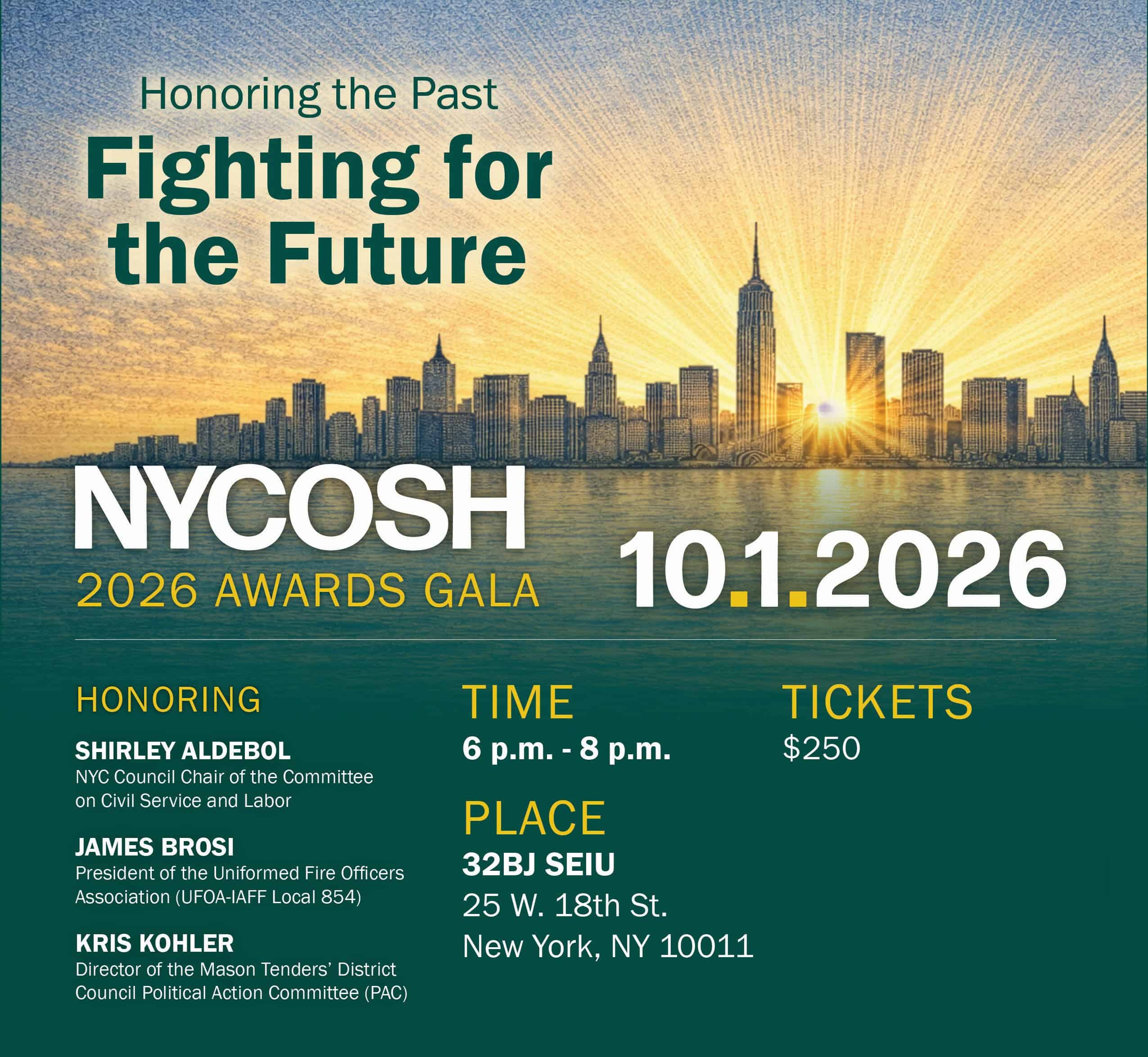 NYCOSH - Promotional image for the NYCOSH 2026 Awards Gala on October 1, 2026, featuring honorees, event time, location, and ticket price with a city skyline background.